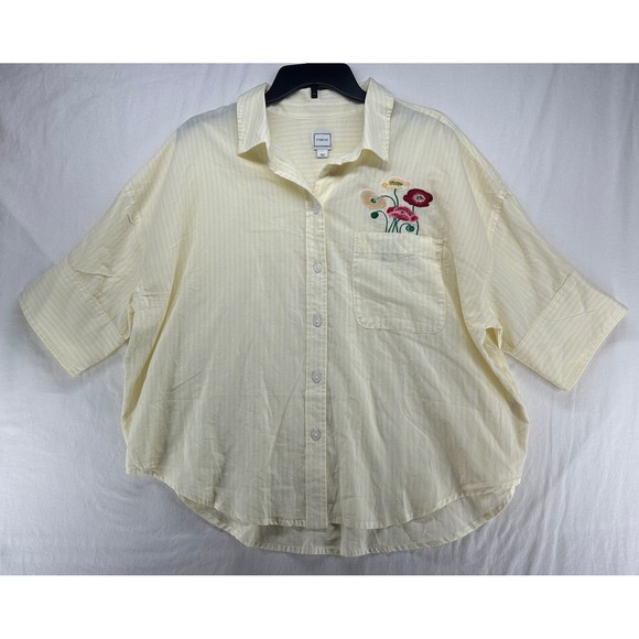 Maeve Tops - Maeve Mabel Anthropologie Yellow Striped Floral Embroidered Button Down Shirt L